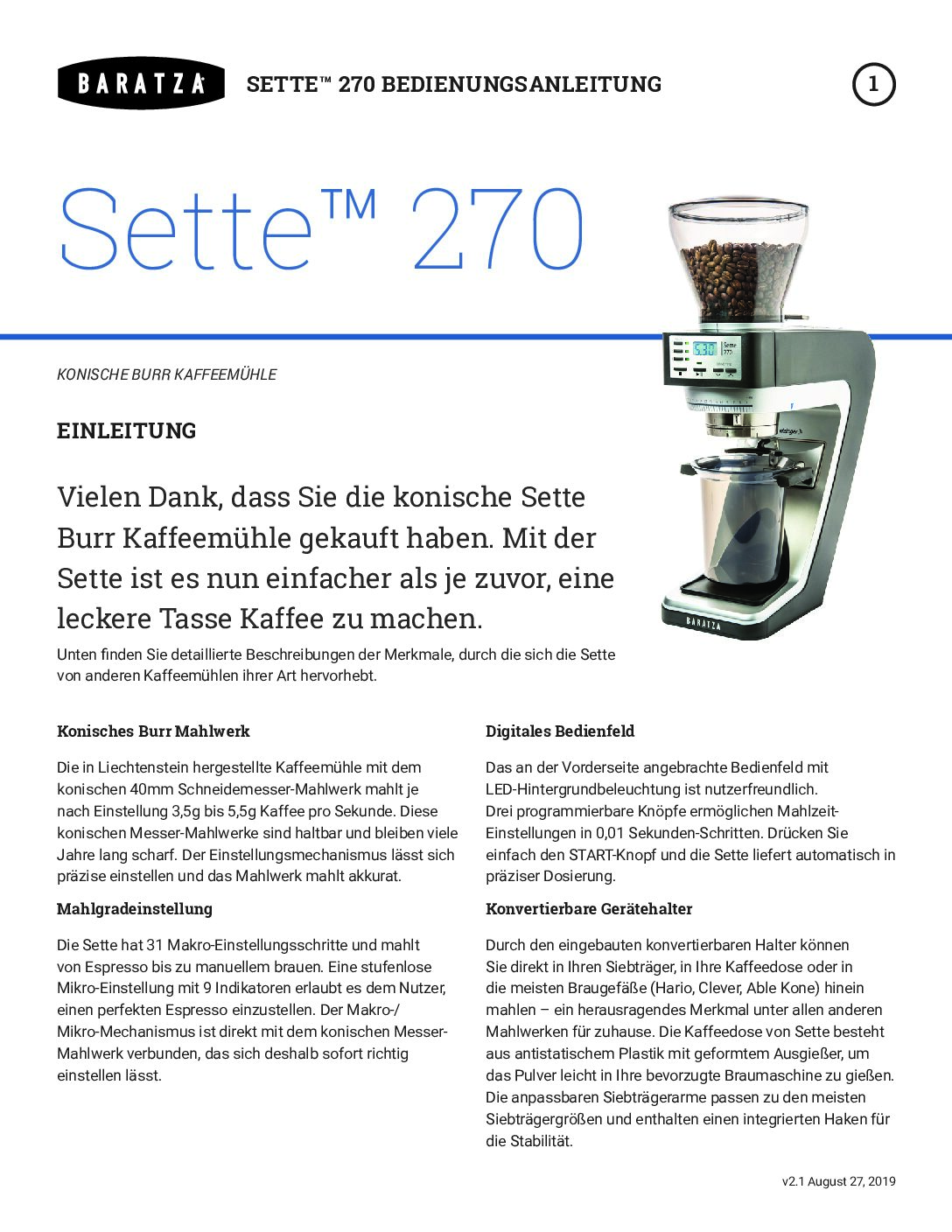 Baratza Sette 270 Bedienungsanleitung