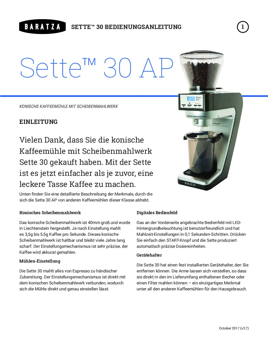 Baratza Sette 30 Bedienungsanleitung 