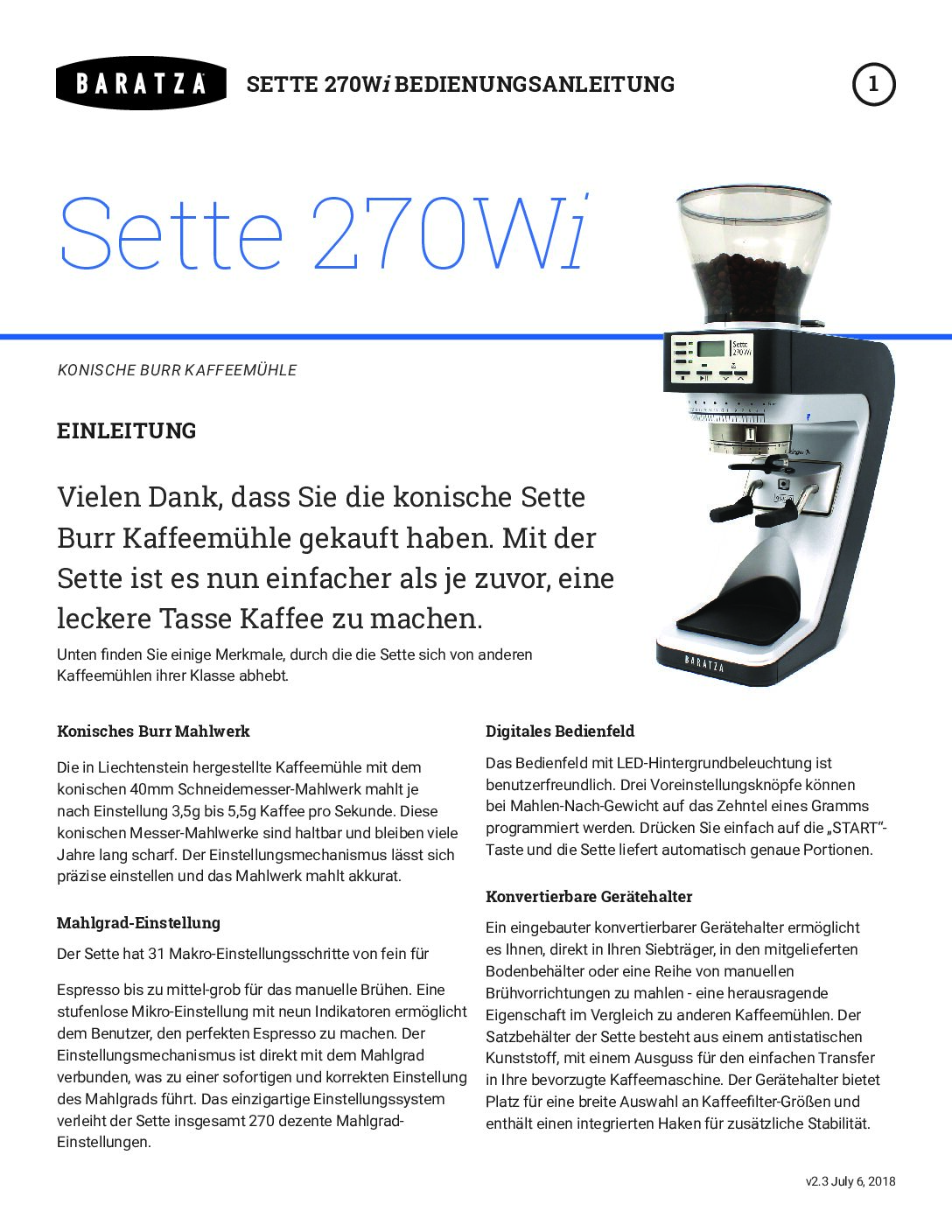 Baratza Sette 270Wi Bedienungsanleitung