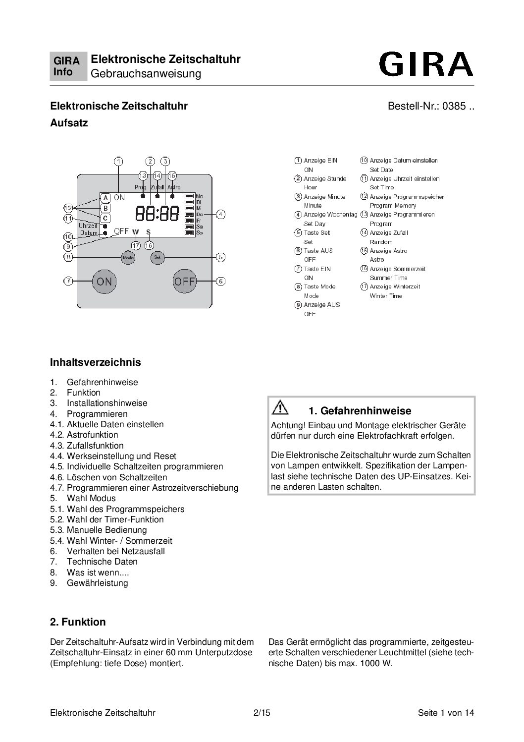 Gira Zeitschalter Bedienungsanleitung