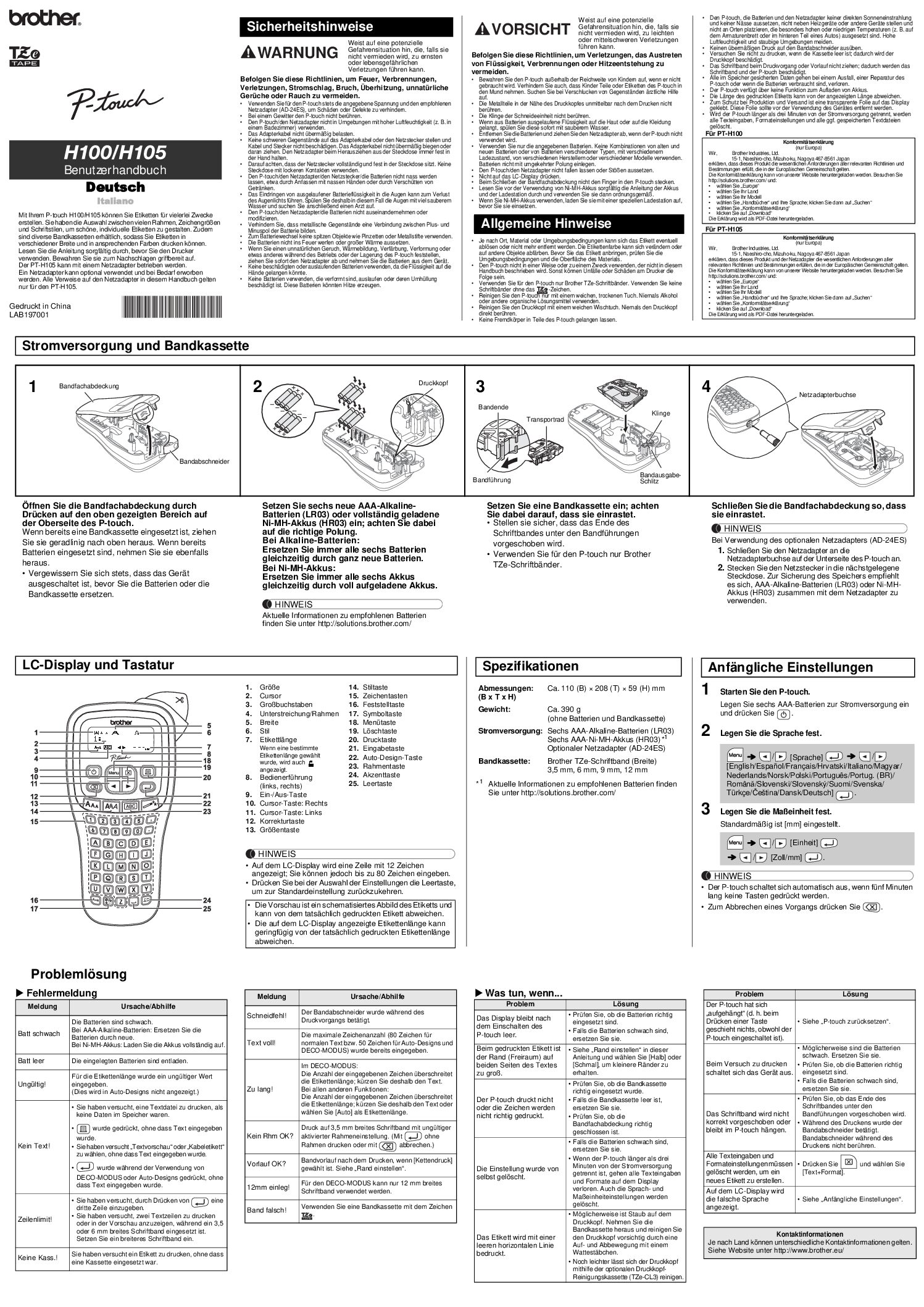 Brother P-Touch H105 Bedienungsanleitung