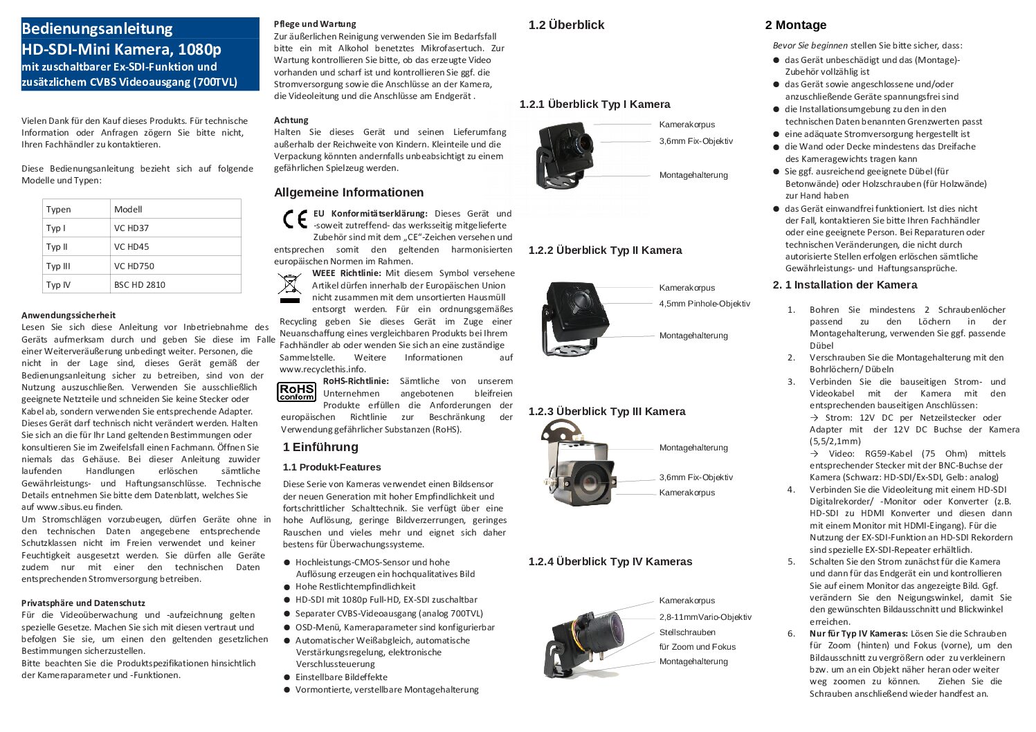 HD-SDI-Mini Kamera, 1080p Bedienungsanleitung