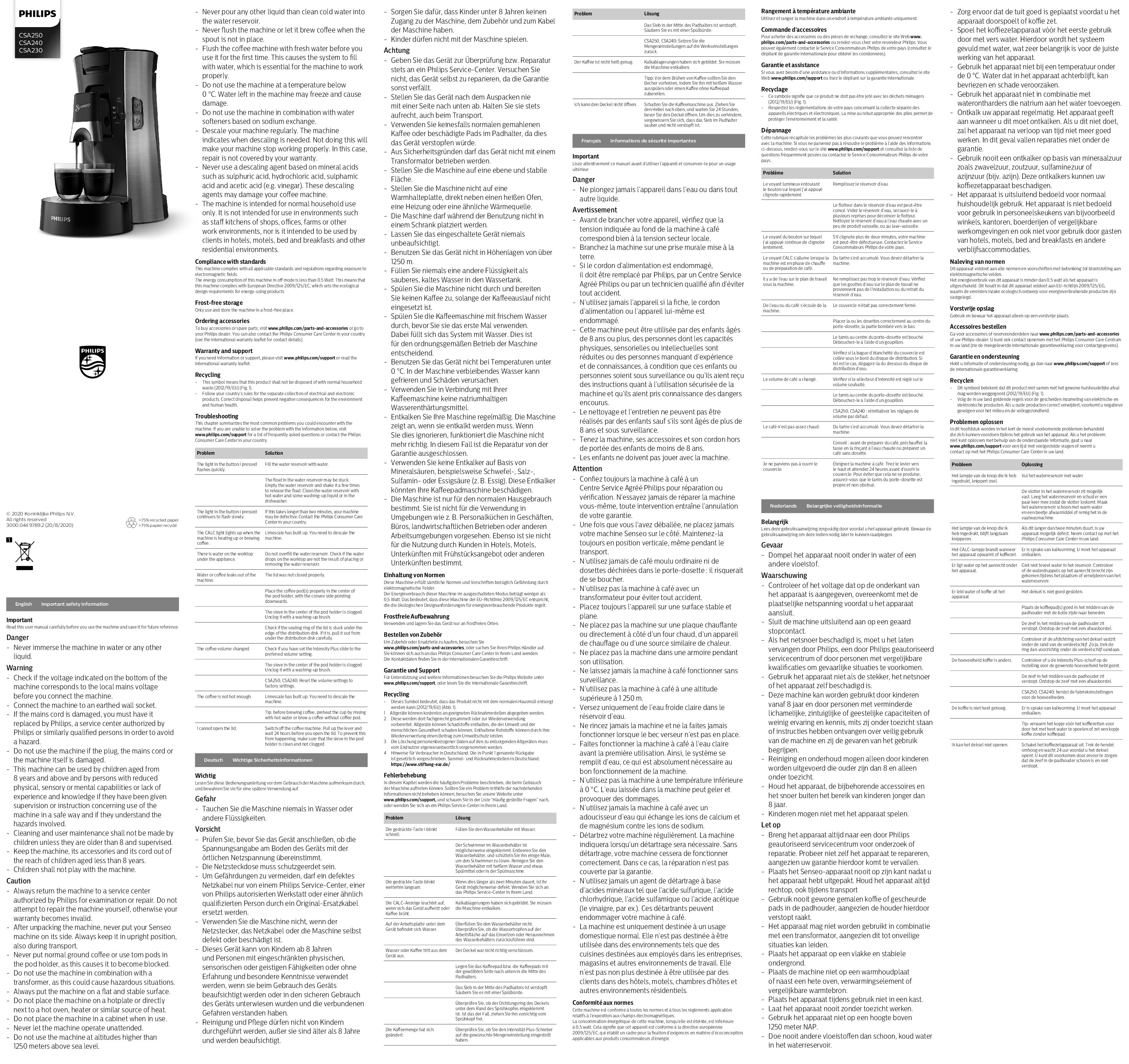 Philips CSA240 - Senseo Select Bedienungsanleitung
