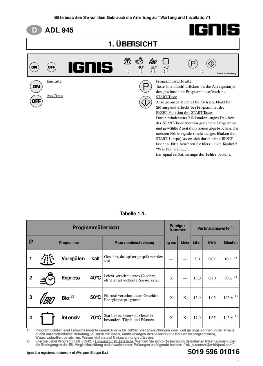 Ignis ADL 945 Bedienungsanleitung