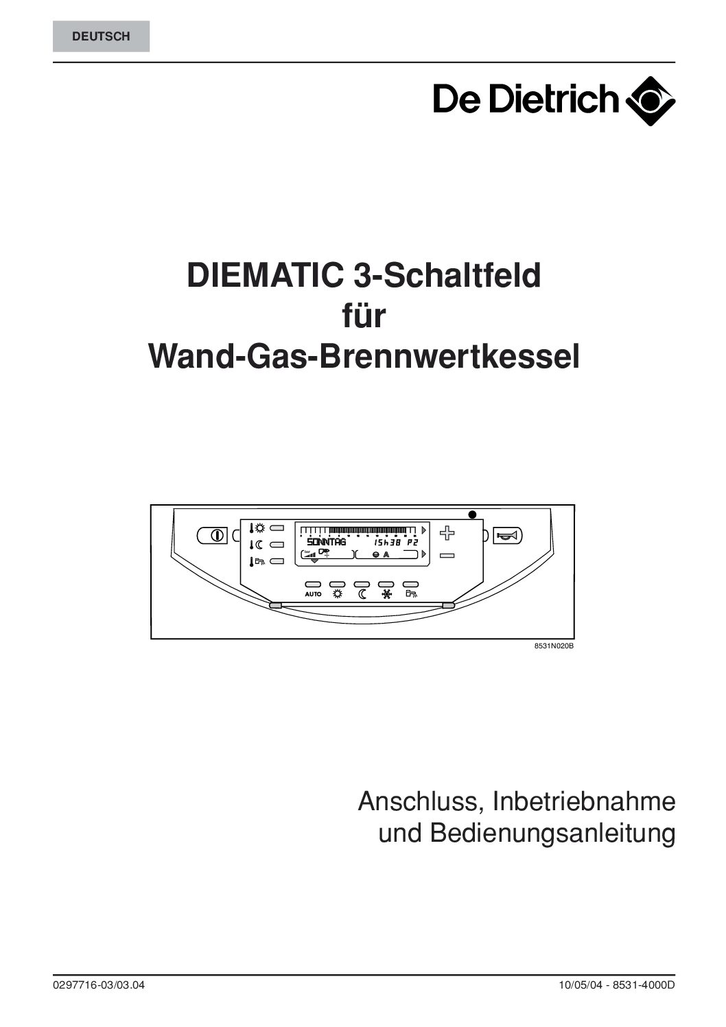 De Dietrich DIEMATIC 3-Schaltfeld Bedienungsanleitung
