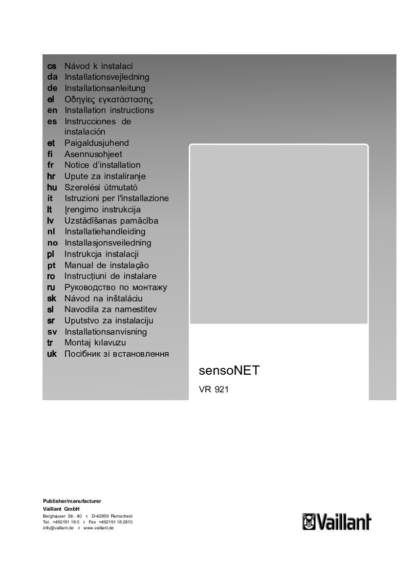 Vaillant sensoNET VR 921 Bedienungsanleitung