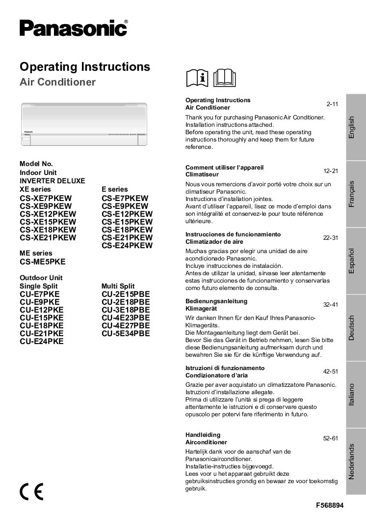 Panasonic CU-2E15PBE Bedienungsanleitung