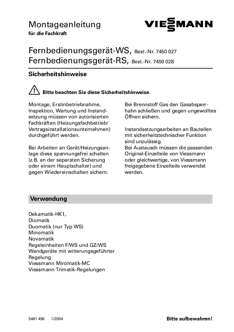 Viessmann WS - 7450027 Bedienungsanleitung