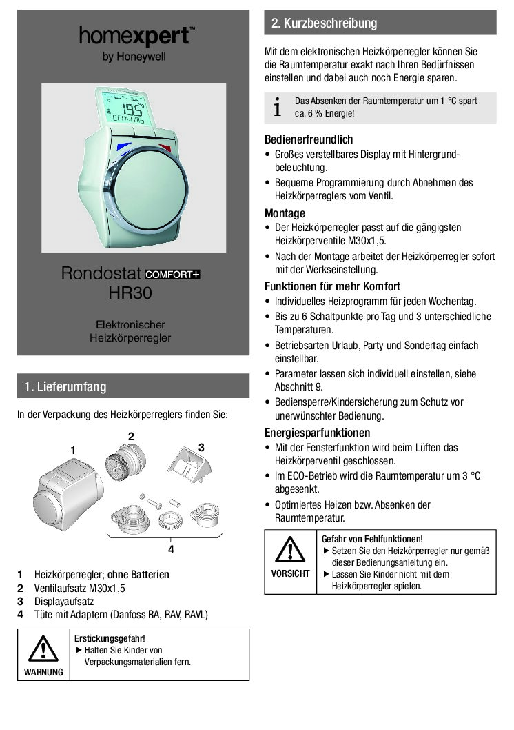 Homexpert by Honeywell Rondostat Comfort plus HR30 Bedienungsanleitung