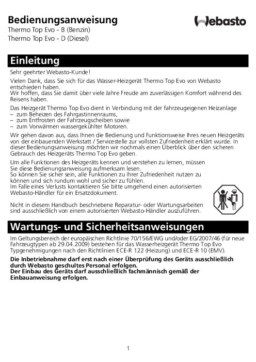 Webasto Thermo Top Evo Bedienungsanleitung