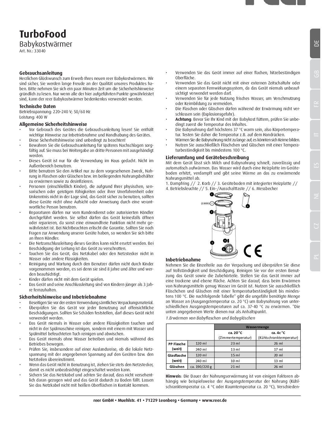 Reer 33040 Turbofood Bedienungsanleitung